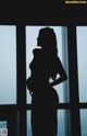 A silhouette of a woman standing in front of a window.