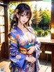 A woman in a blue kimono standing on a wooden deck.