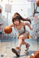 A woman in a basketball uniform dribbling a basketball on a court.