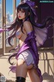 A woman in a purple outfit is posing by a window.